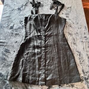 Forever 21 Black Linen Blend Button Front Dress Women’s Large Tie Strap Sundress